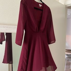 Burgundy dress, bell sleeves